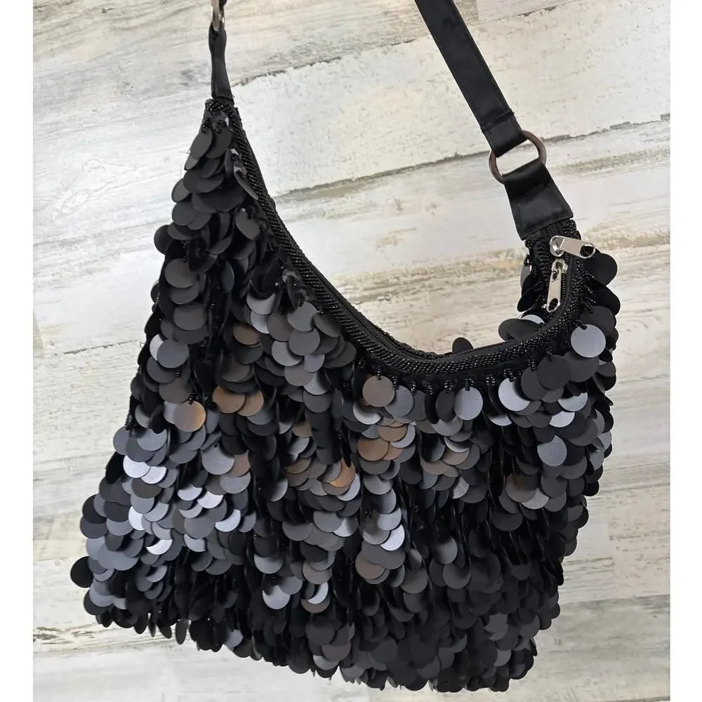 Unbranded Womens Black Sequin Beaded Embellished Evening Shoulder Bag NEW